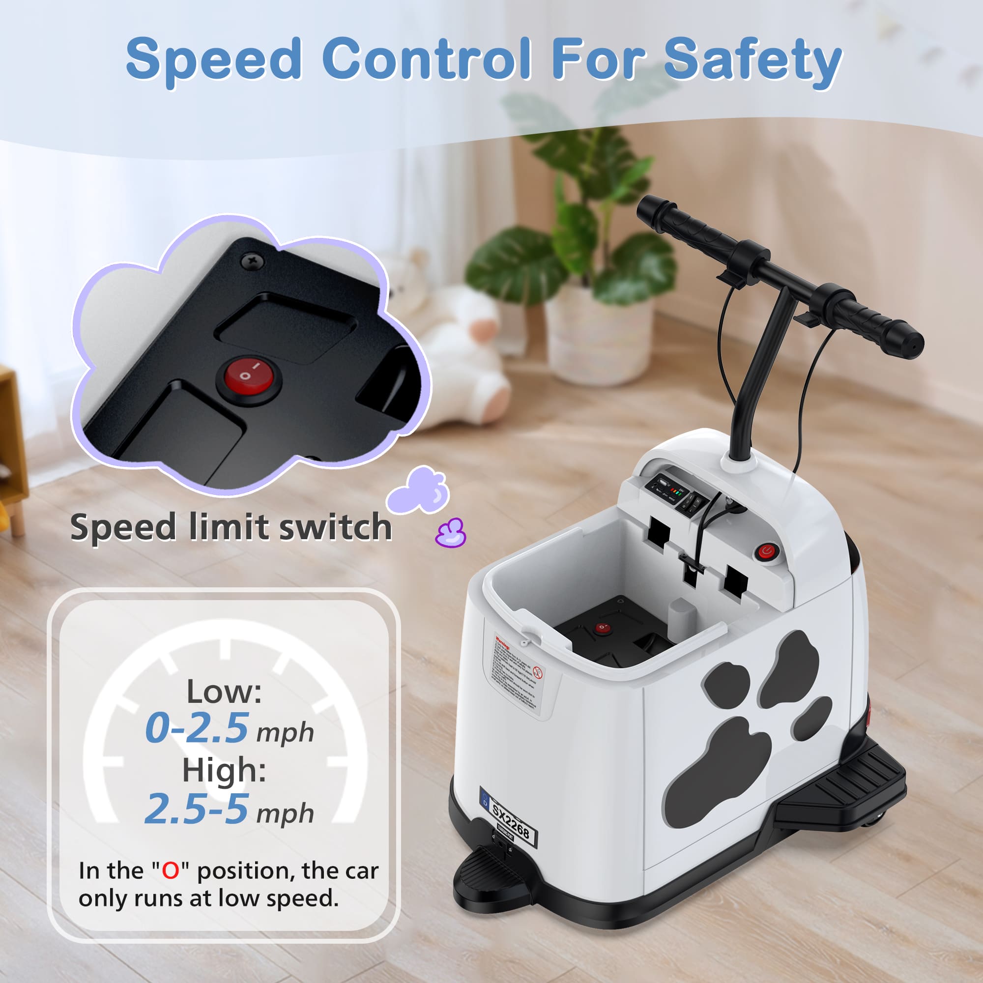 ANPABO 24V Quiet Ride-On: 180W Scooter Motor, 5MPH, Anti-Tip, Safe Indoor/Outdoor Fun