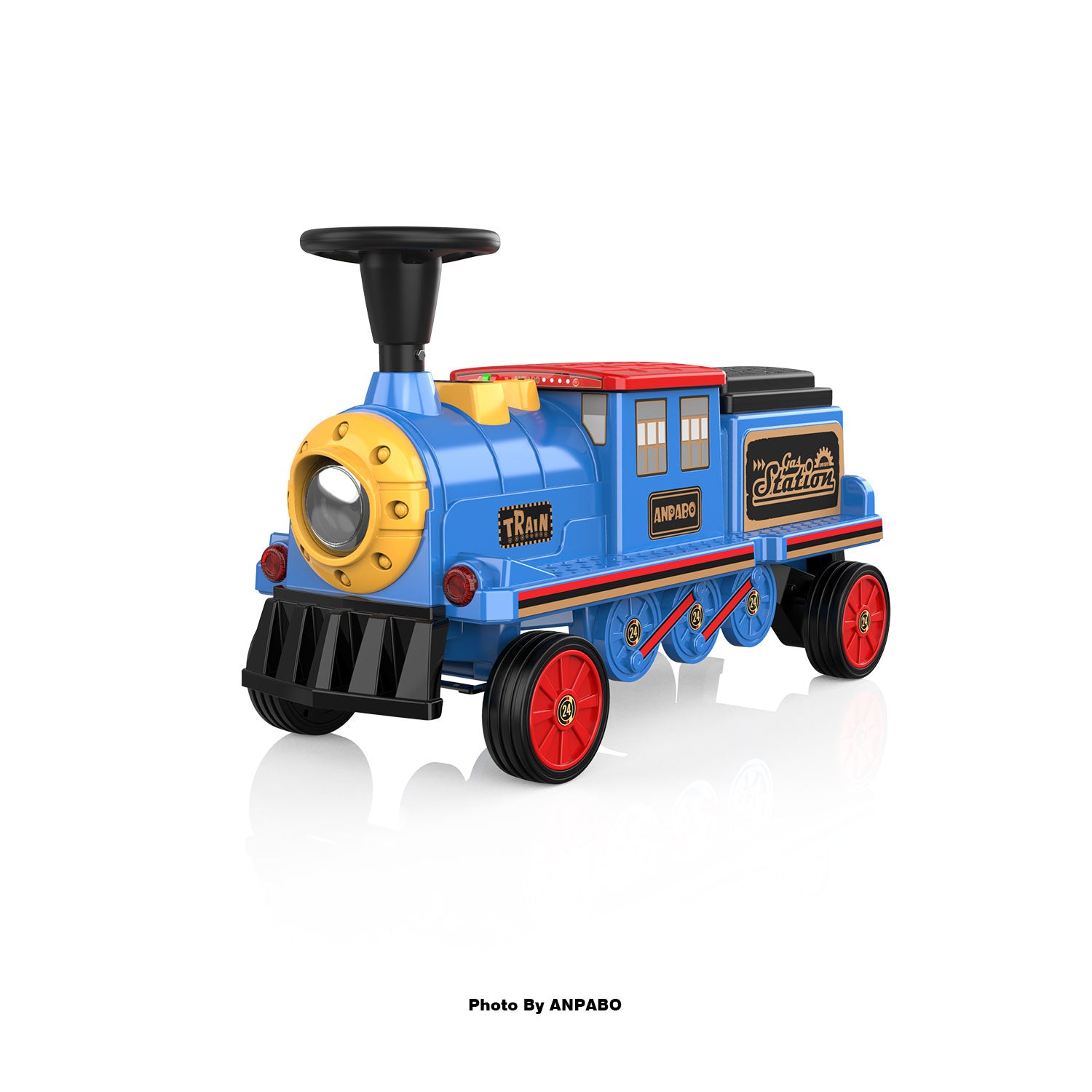 ANPABO 12V Kids Ride-On Train Locomotive–Trackless,2-Seater,Rubber Tires-blue