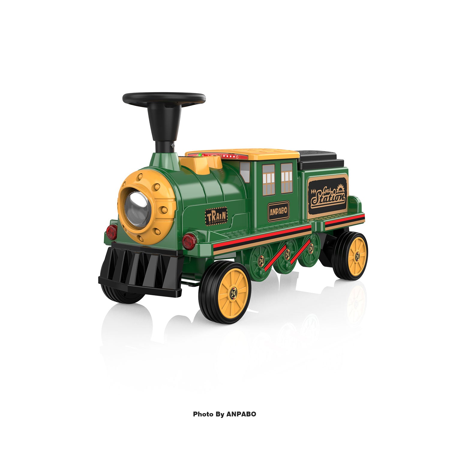 ANPABO 12V Kids Ride-On Train Locomotive–Trackless,2-Seater,Rubber Tires-green