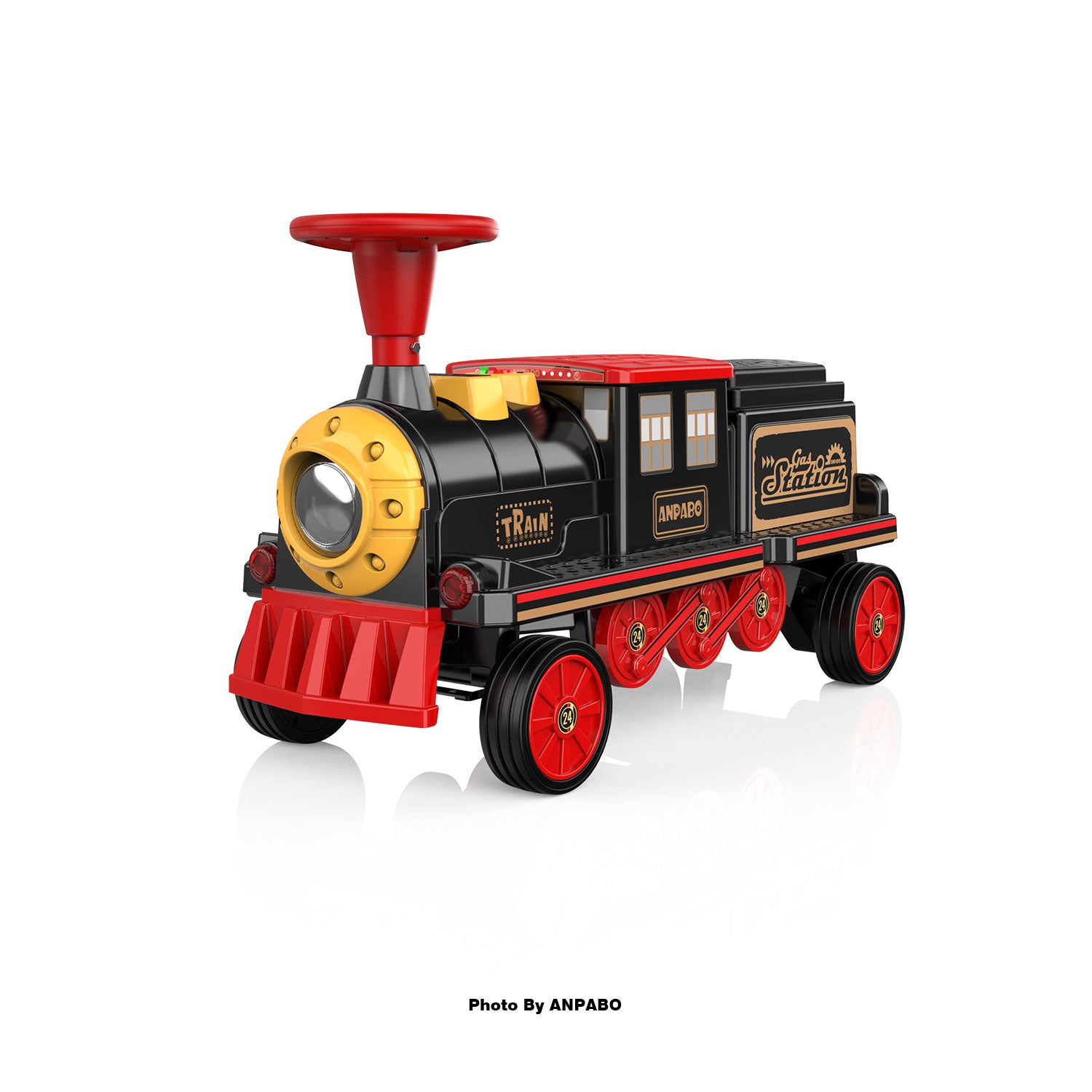 ANPABO 12V Kids Ride-On Train Locomotive–Trackless,2-Seater,Rubber Tires-red