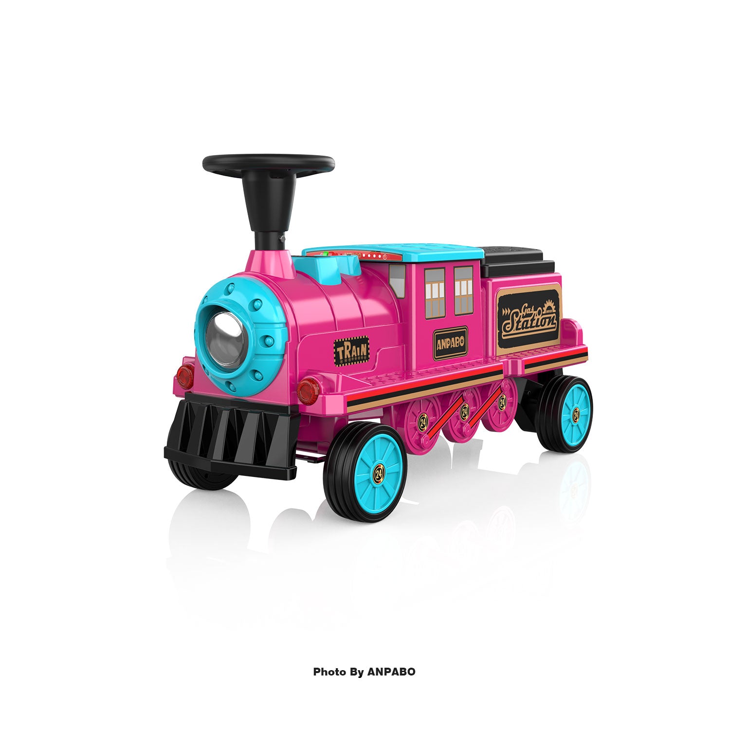 ANPABO 12V Kids Ride-On Train Locomotive–Trackless,2-Seater,Rubber Tires-rose red