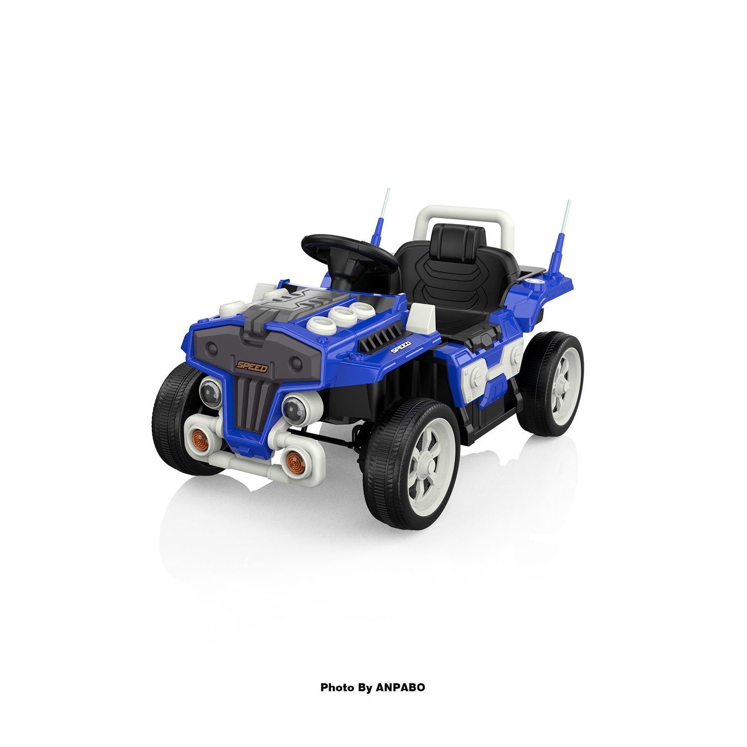ANPABO Blue 12V Ride-On Car for Ages 2-5 RC, Music, Safety Features-blue