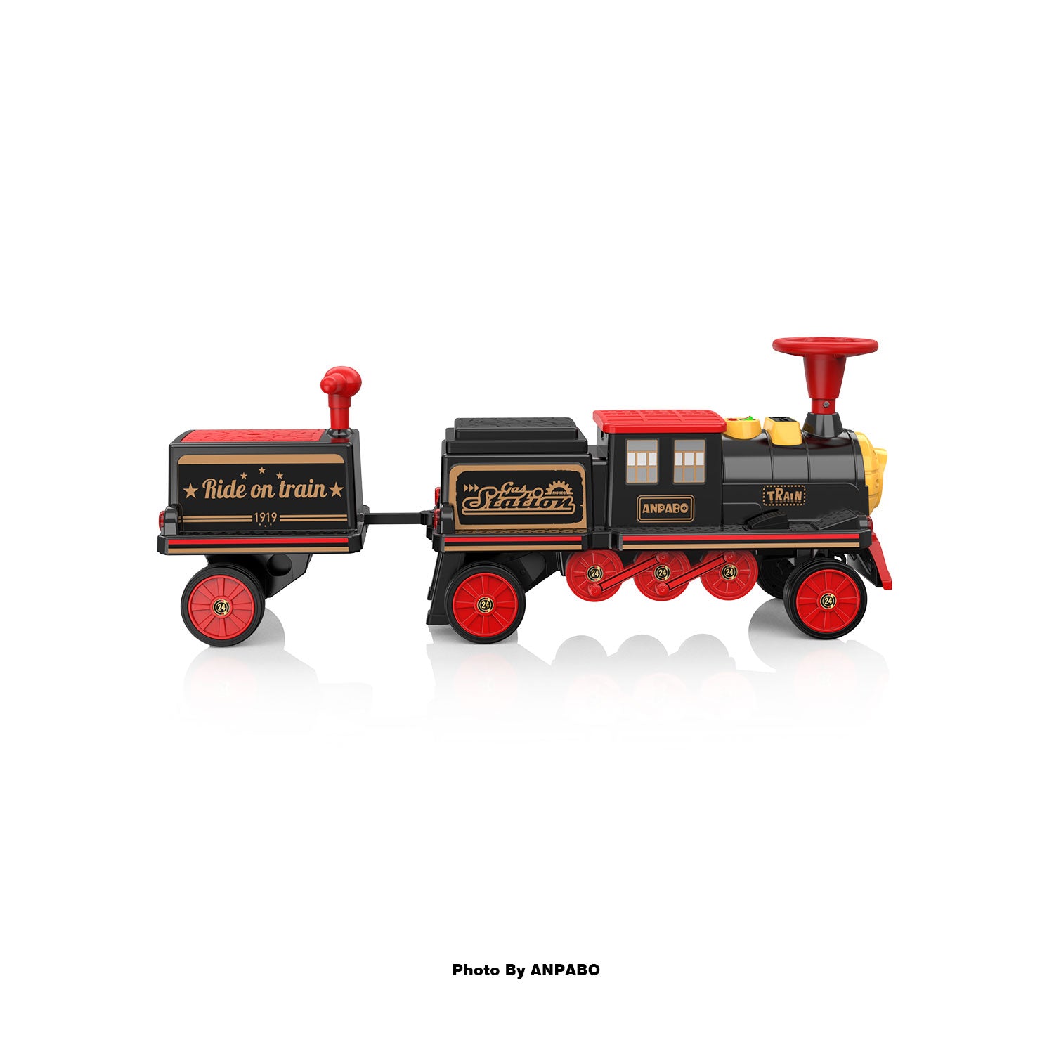 ANPABO 12V Trackless Ride-On Train Set: Whistle, Light, & Storage-black