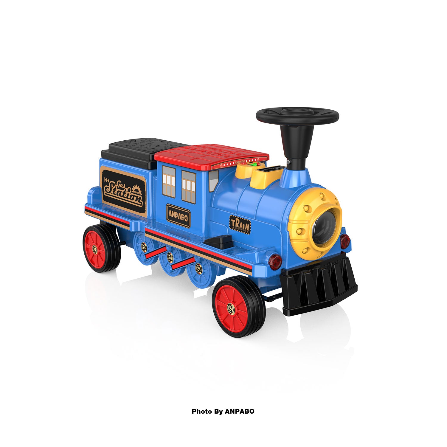 ANPABO 12V Kids Ride-On Train Locomotive–Trackless,2-Seater,Rubber Tires-blue