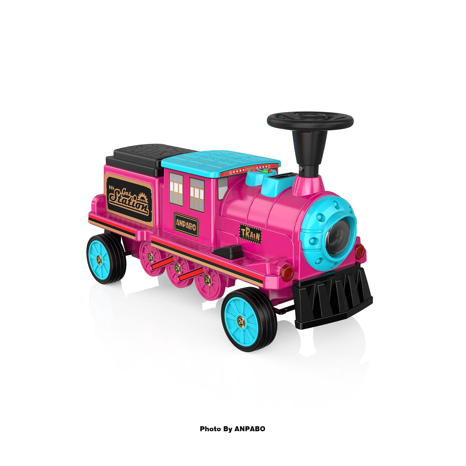 ANPABO 12V Kids Ride-On Train Locomotive–Trackless,2-Seater,Rubber Tires-rose red