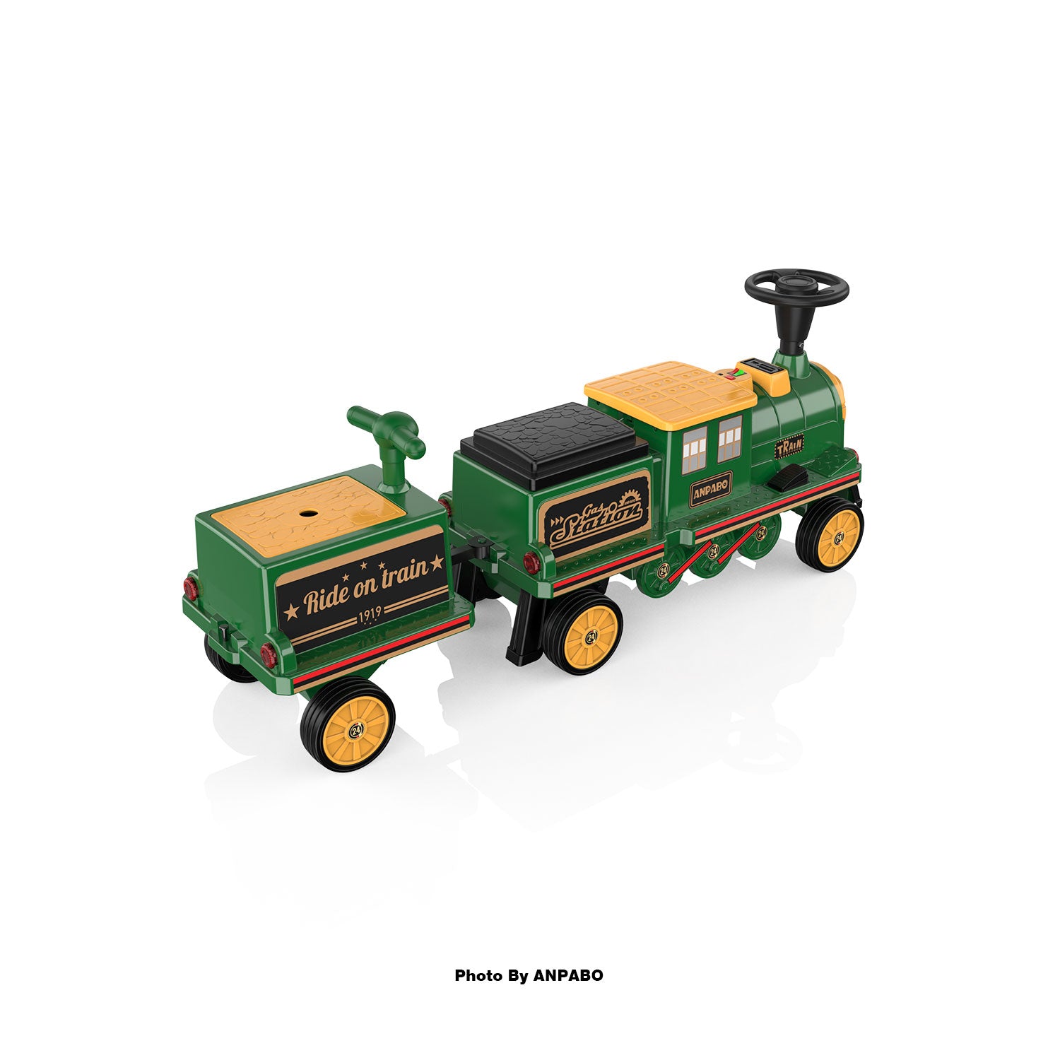 ANPABO 12V Trackless Ride-On Train Set: Whistle, Light, & Storage-green