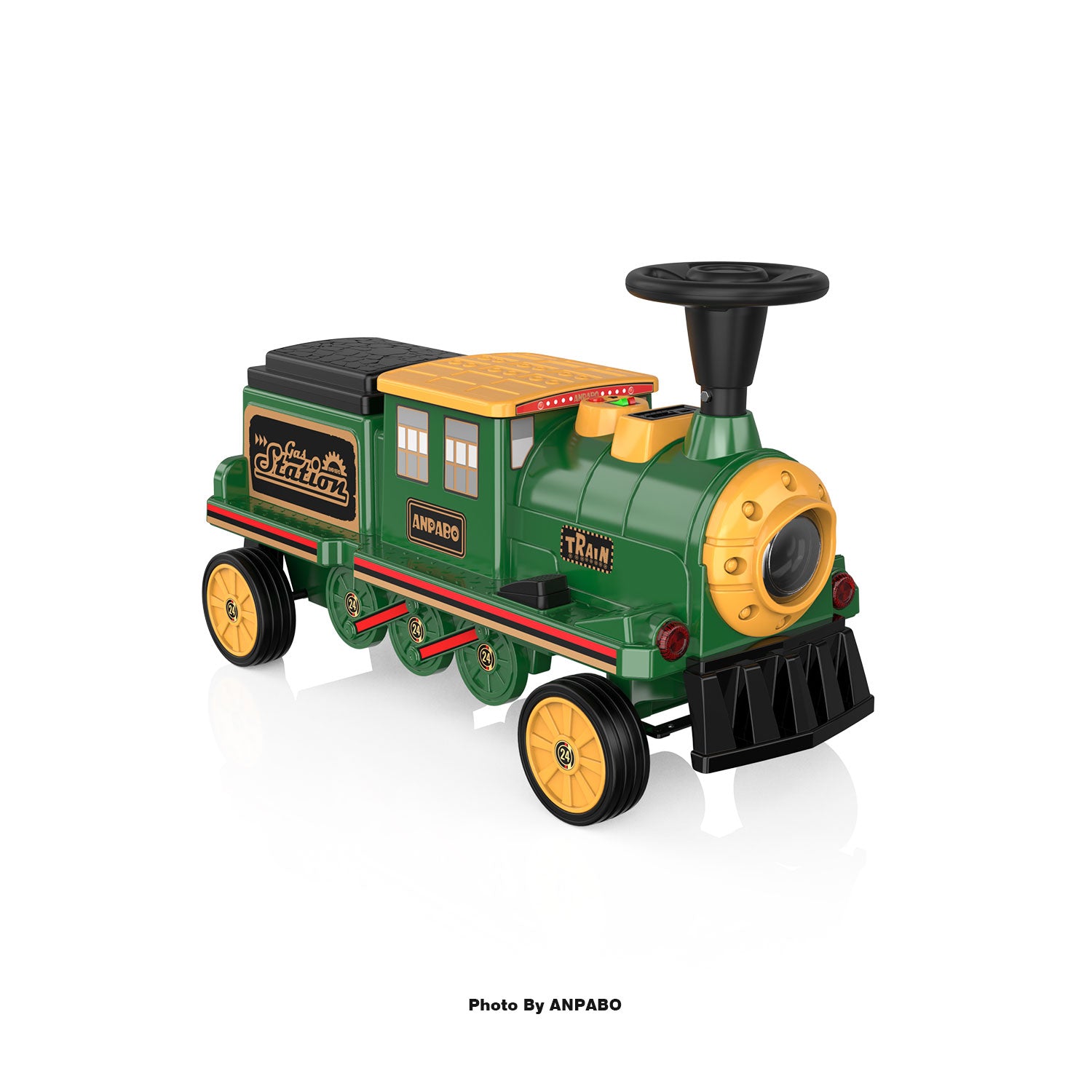 ANPABO 12V Kids Ride-On Train Locomotive–Trackless,2-Seater,Rubber Tires-green