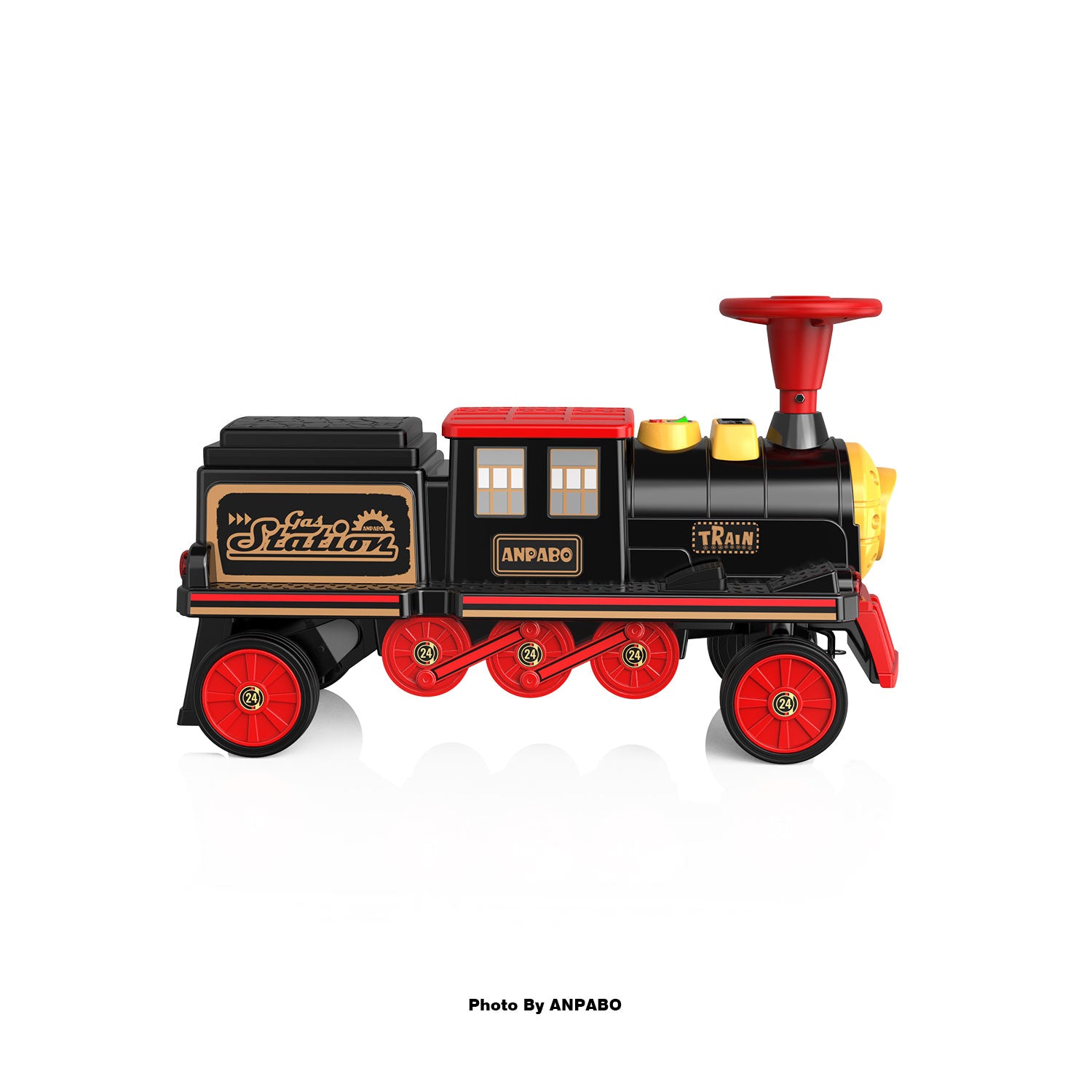 ANPABO 12V Kids Ride-On Train Locomotive–Trackless,2-Seater,Rubber Tires-red