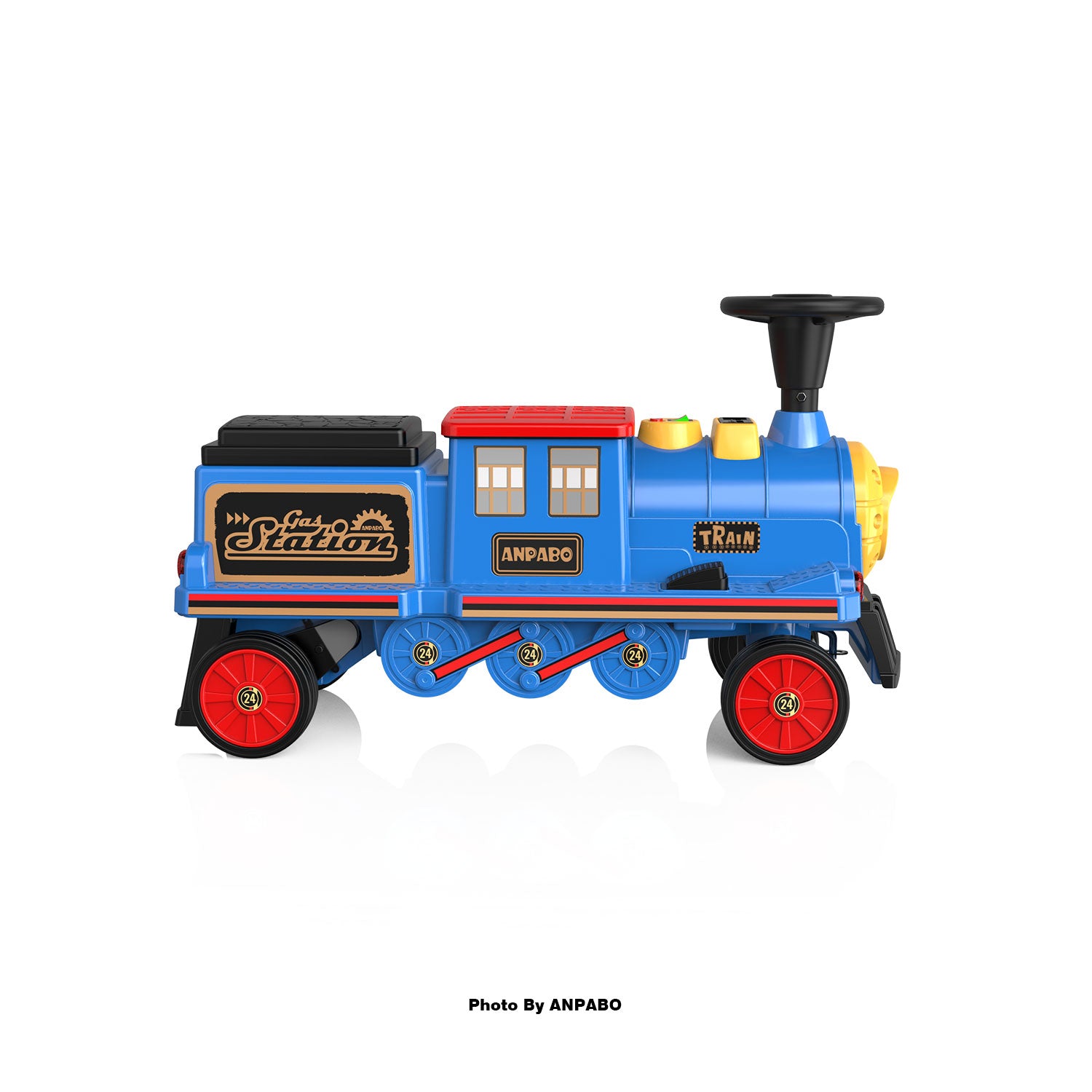 ANPABO 12V Kids Ride-On Train Locomotive–Trackless,2-Seater,Rubber Tires-blue