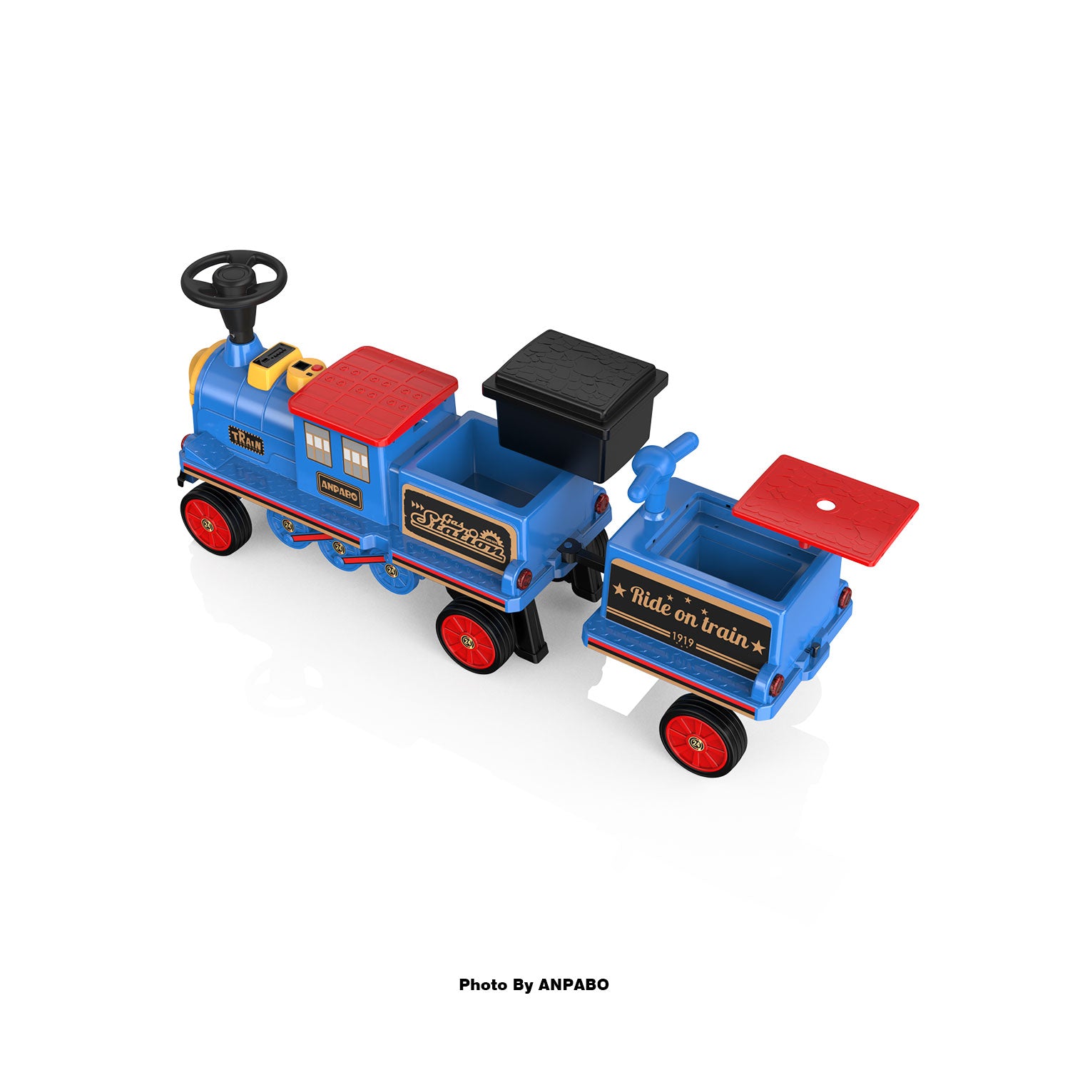 ANPABO 12V Trackless Ride-On Train Set: Whistle, Light, & Storage-blue