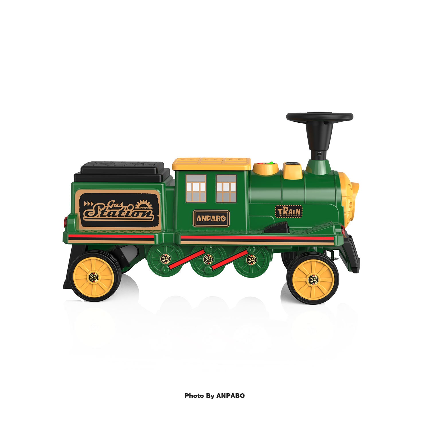 ANPABO 12V Kids Ride-On Train Locomotive–Trackless,2-Seater,Rubber Tires-green