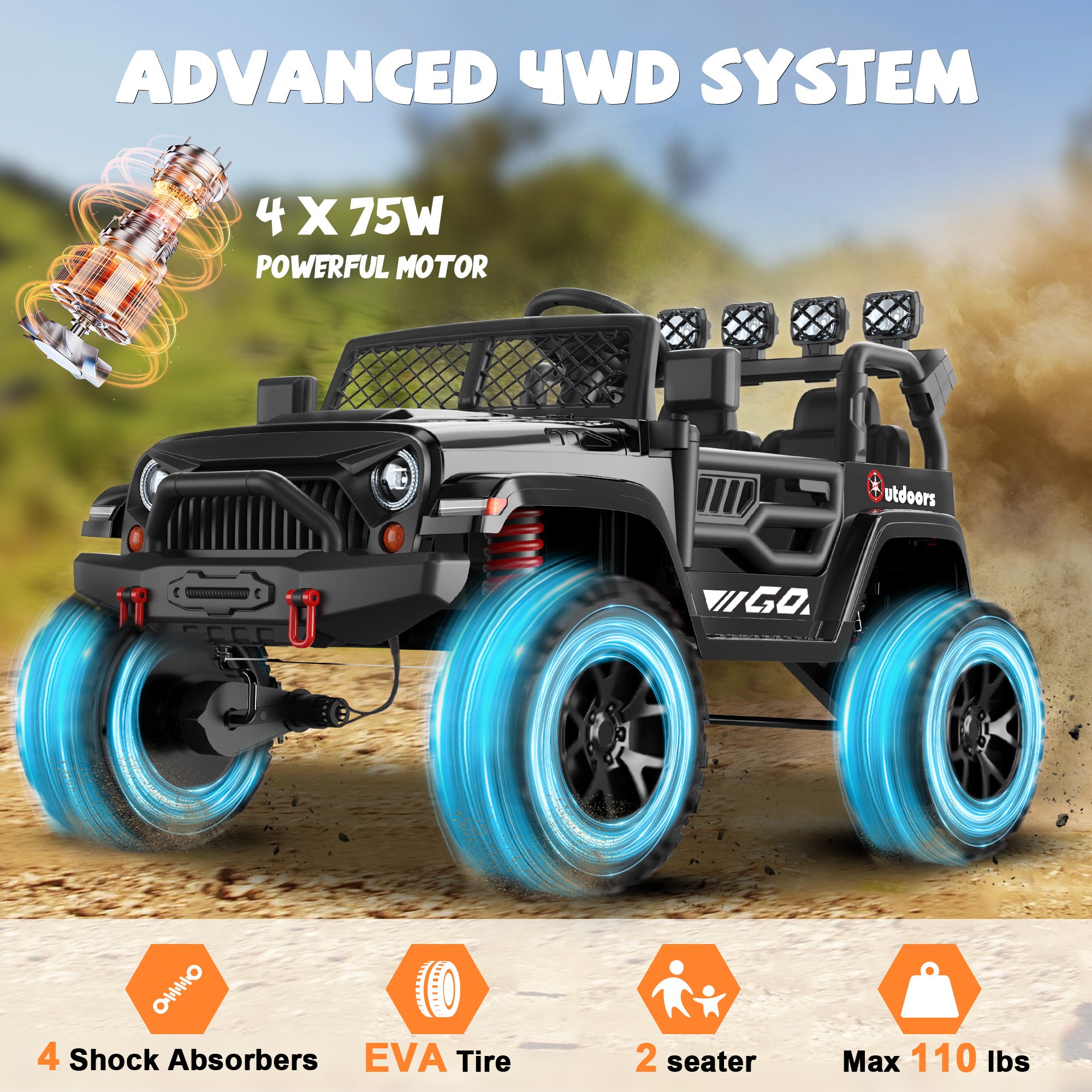 ANPABO 24 Volt 4WD Truck Two Seater With Parent Remote Control And Bluetooth Music Player 3-8 Years Old