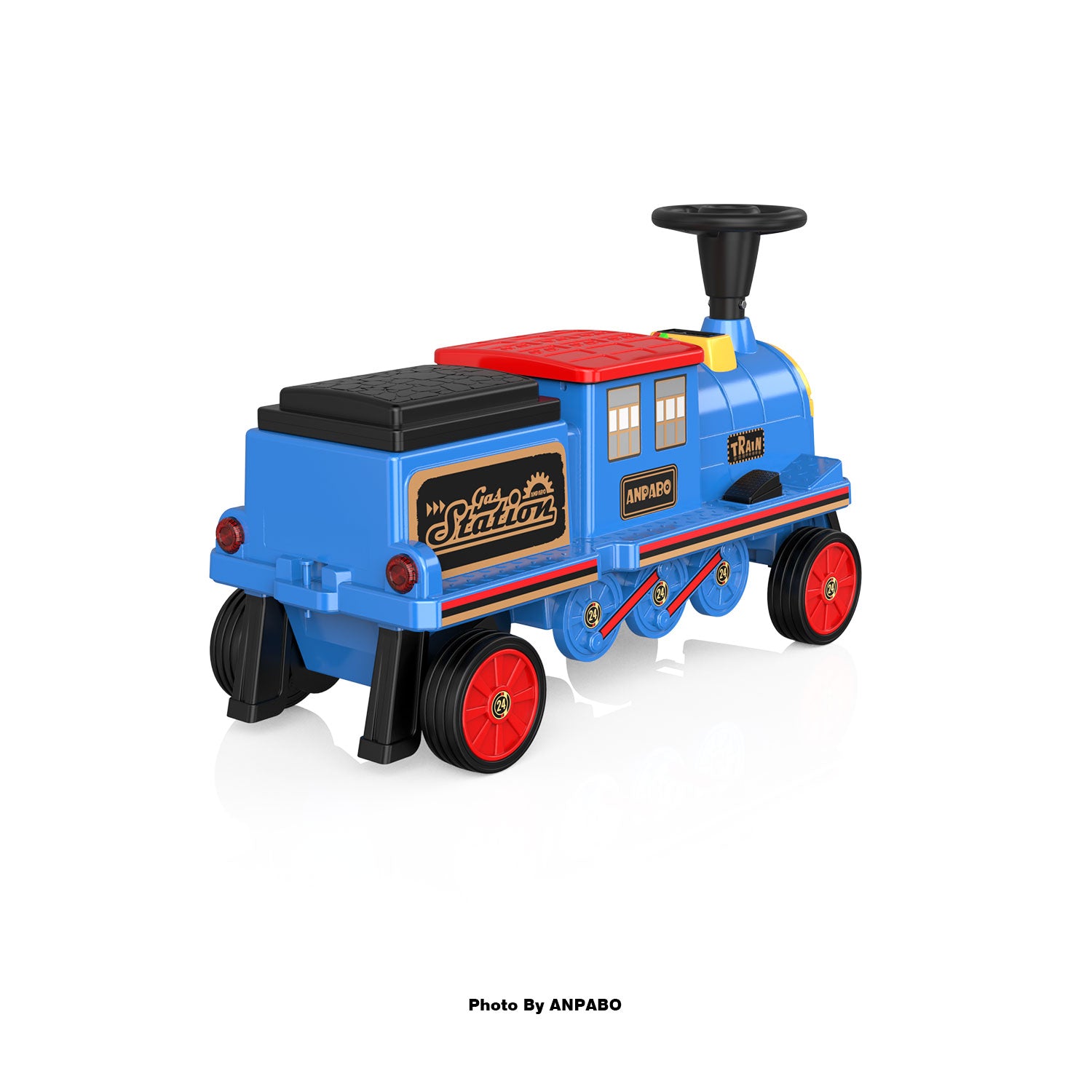 ANPABO 12V Kids Ride-On Train Locomotive–Trackless,2-Seater,Rubber Tires-blue