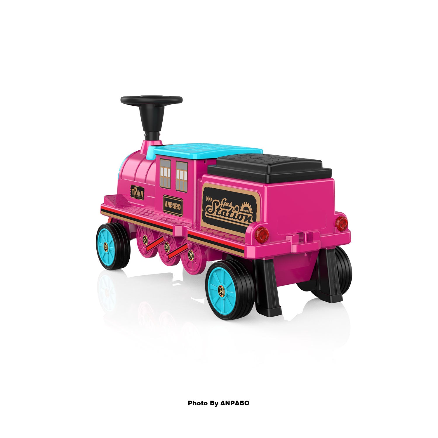 ANPABO 12V Kids Ride-On Train Locomotive–Trackless,2-Seater,Rubber Tires-rose red