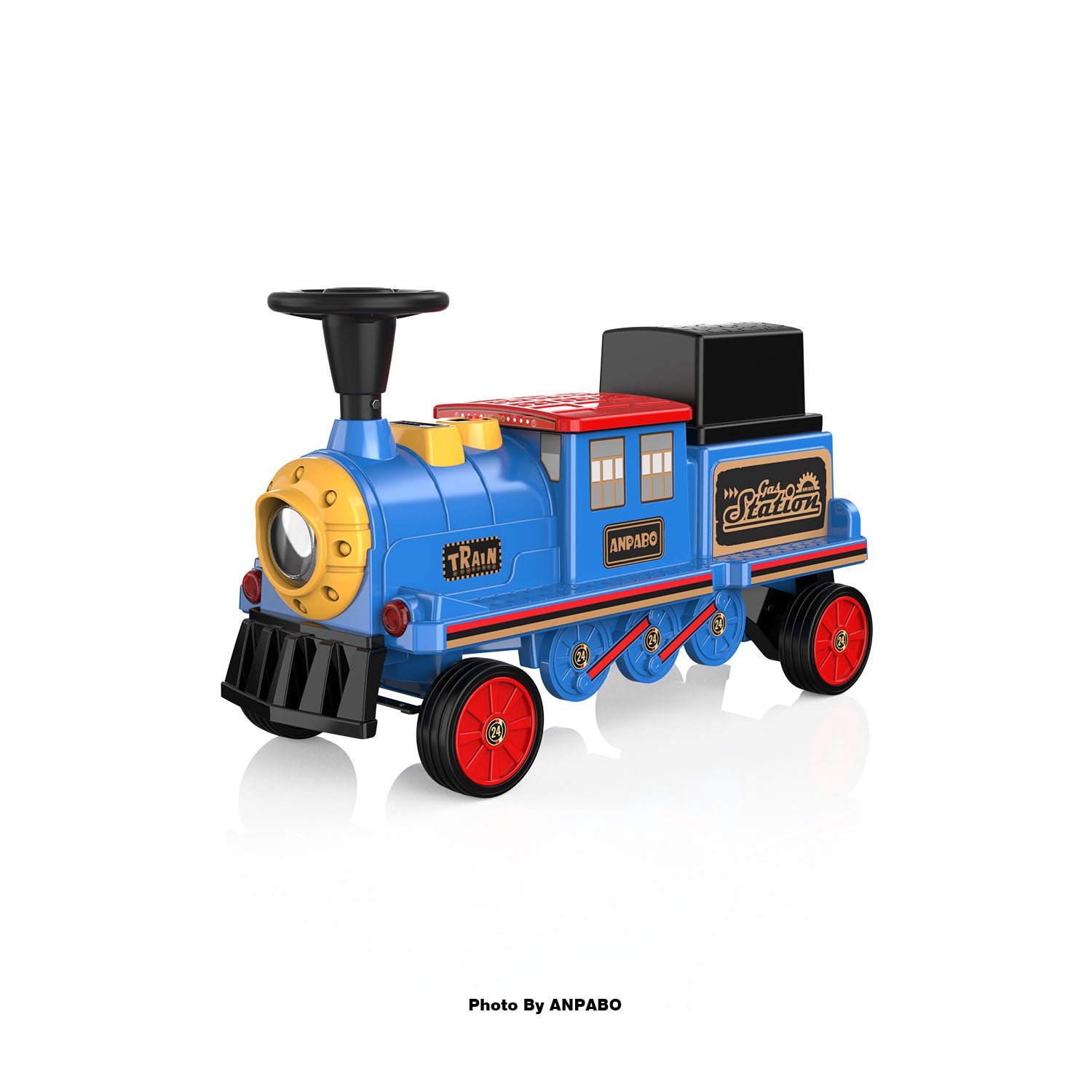 ANPABO 12V Kids Ride-On Train Locomotive–Trackless,2-Seater,Rubber Tires-blue