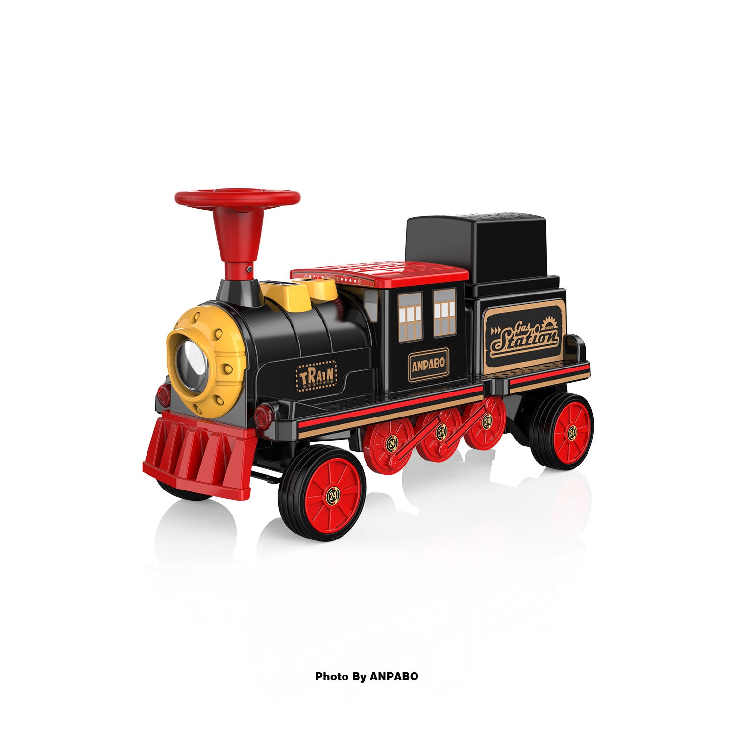 ANPABO 12V Kids Ride-On Train Locomotive–Trackless,2-Seater,Rubber Tires-red