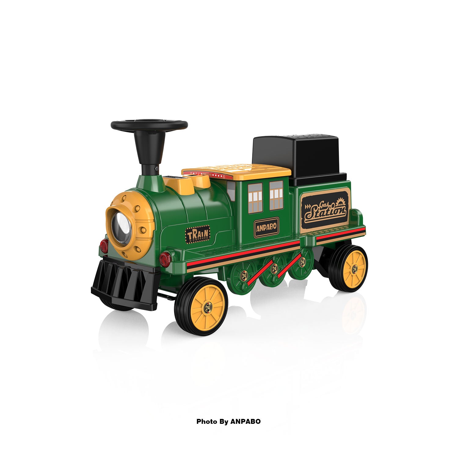 ANPABO 12V Kids Ride-On Train Locomotive–Trackless,2-Seater,Rubber Tires-green