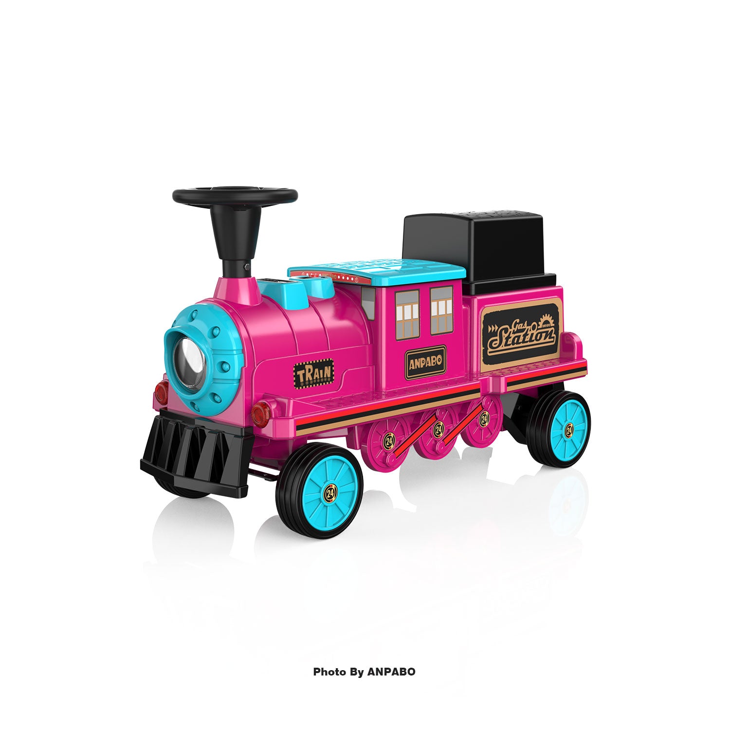 ANPABO 12V Kids Ride-On Train Locomotive–Trackless,2-Seater,Rubber Tires-rose red