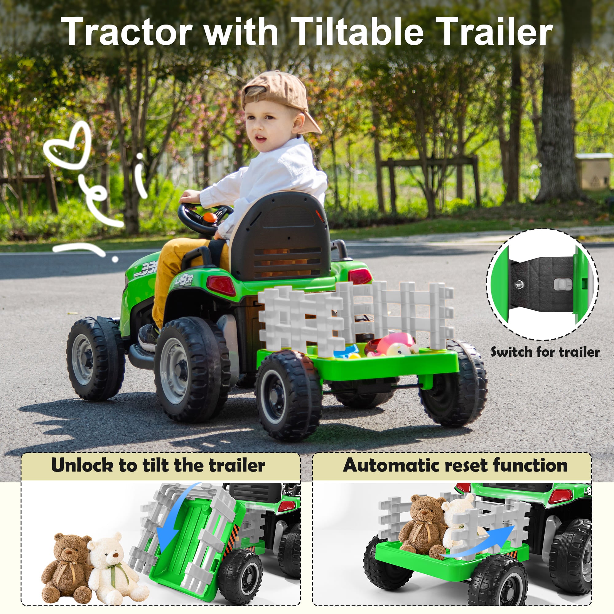 ANPABO 24V Tractor With Remote/Bluetooth, Titleable Trailer Included