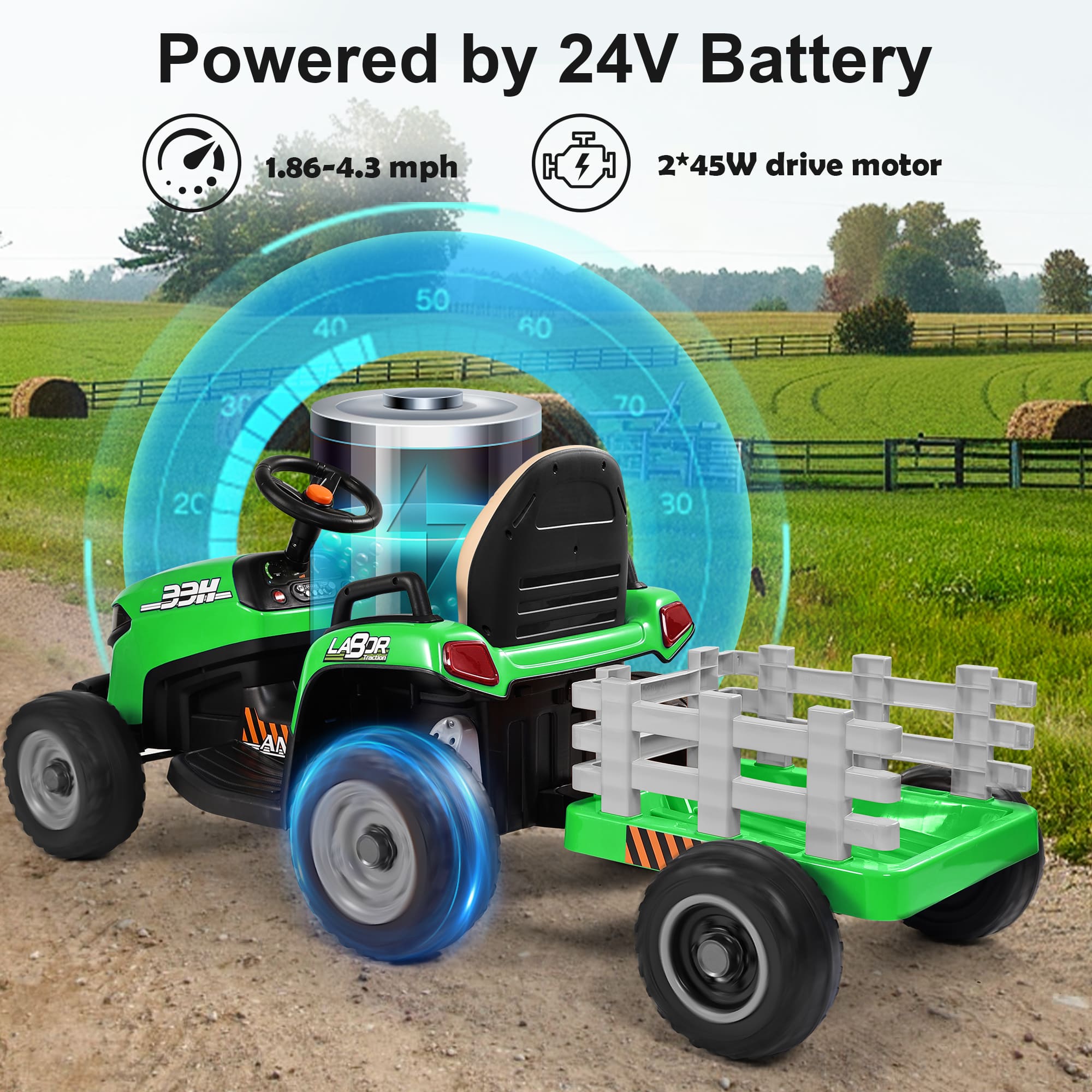 ANPABO 24V Tractor With Remote/Bluetooth, Titleable Trailer Included